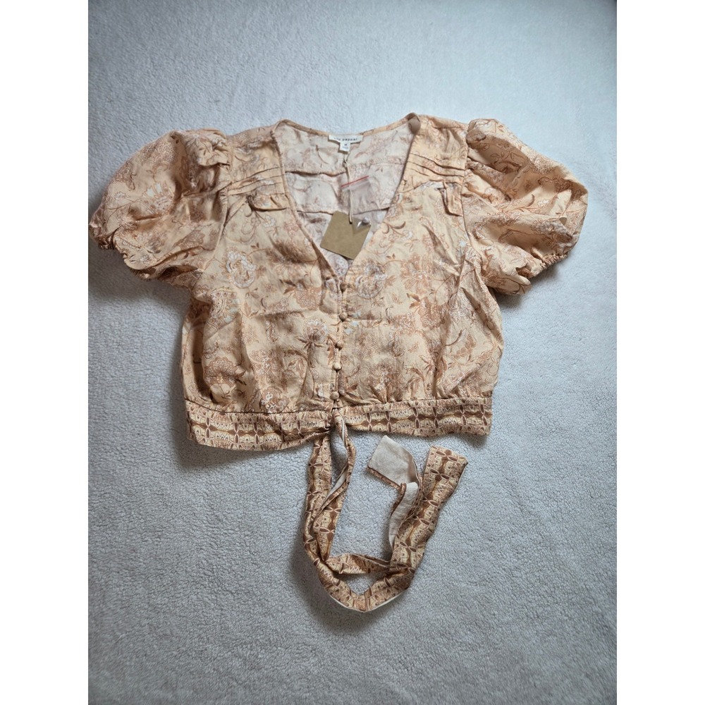Blu Pepper Tan Floral Paisley Puff Sleeve Button Front Tie Crop Top B2SX1005-T M